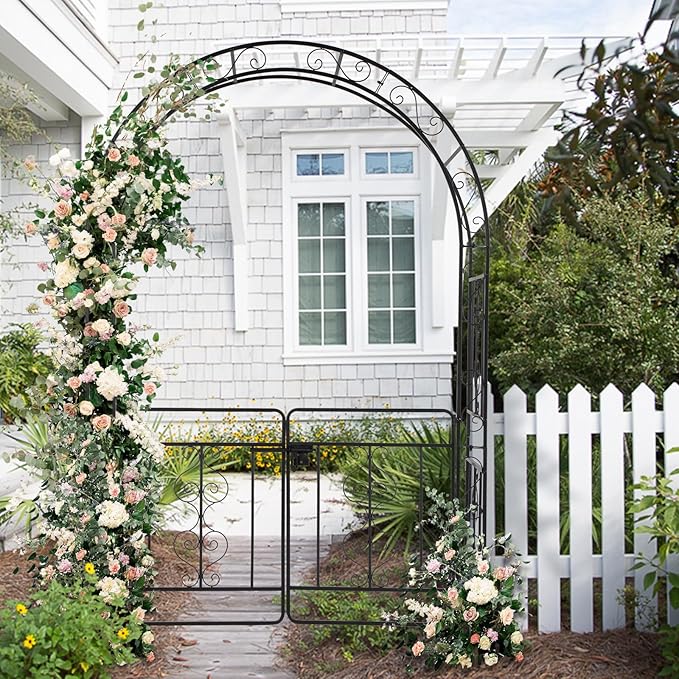 7FT Metal Garden Arch Trellis, Heavy Duty Metal Garden Arbor with Door for Climbing Plants Outdoor Patio, Double-Layered Trellis Arch for Wedding Ceremony Party, 53" x 84", Black, 13mm