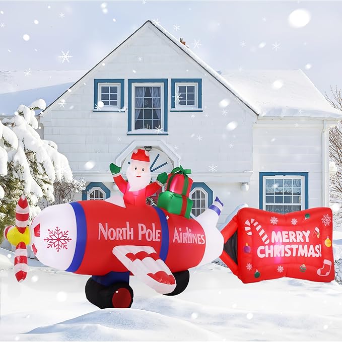14FT Long Christmas Inflatables Decorations, Outdoor Santa Airplane Decoration, Giant Blow Up with with Built-in LED Lights for Yard Garden Lawn Holiday Decor