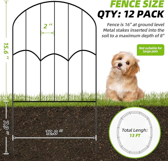 24 Panels Decorative Garden Fence Dog Fence Outdoor for Yard 26ft (L) X 2ft (H) Black Animal Barrier with No-Dig Stakes Arched Rustproof Metal Wire Decorative for Flower Landscaping and Garden Edging