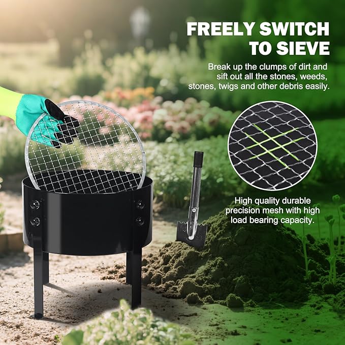 Upgraded Rotary Soil Sifter Including Compost Sieve, 13" Screening Filter with 4 Replaceable Mesh Sizes 0.12/0.24/0.35/0.47 Inch Soil Screen, Rock Sifter for Garden