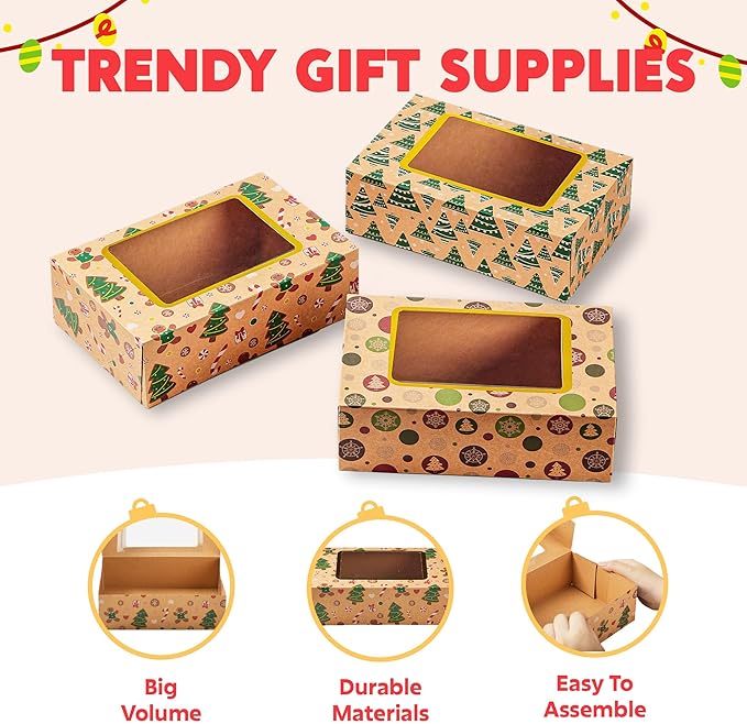 JOYIN 12 PCS Foiled Christmas Cookie Boxes for Gift Giving, 8.75" x 5.75" x 2.75” Bakery Boxes with Window, 3 Design Brown Kraft Cardboard Treat Box for Xmas Holiday Pastries Cupcakes Doughnut Wrap
