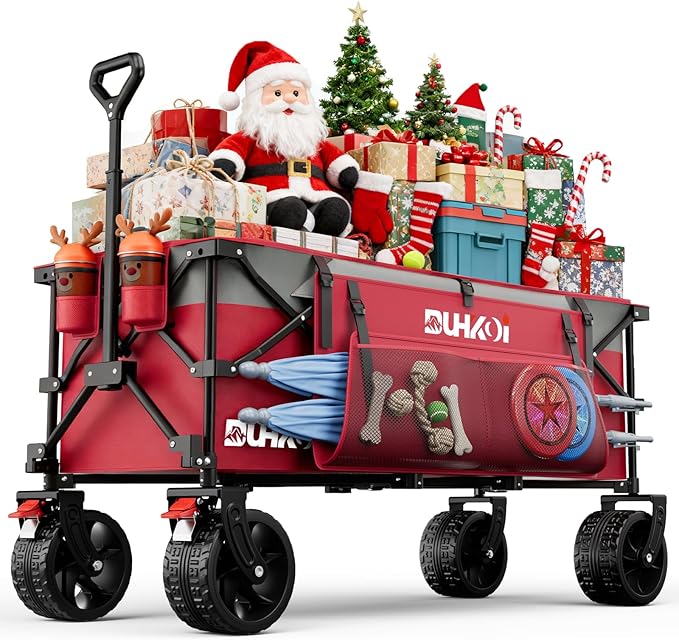 49" L Collapsible Extended Wagon with 500lbs Weight Capacity,300L Heavy Duty Sports Wagon,Big All-Terrian Wheels with Cup Holders,Cart for Sports,Grocery,Shopping,(Rosepink)