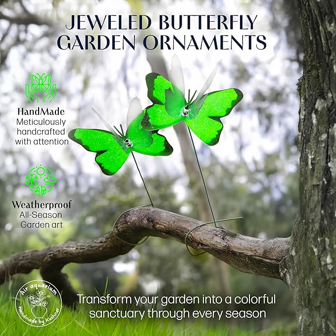 Handmade Green Butterfly Garden Stakes Set of 7 - Decorative Outdoor & Indoor Plant Decor - Nature Lover Gift Idea by Air Aquarium Kushner