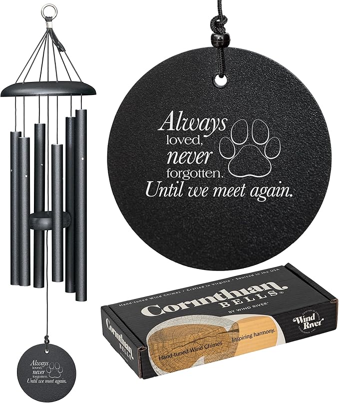 Corinthian Bells 27" Pet Memorial Wind Chime – Black – “Always Loved, Never Forgotten” with Engraved Pawprint – Soothing Sympathy Gift for Dog or Cat Loss & Remembrance
