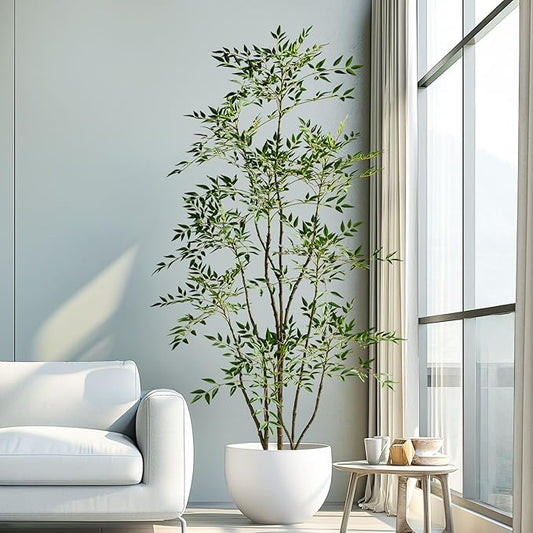 7.2ft Faux Bamboo Tree Artificial Nandina Tree Artificial Indoor Plants Realistic Fake Potted Tree with 800+ Leaves, Cement Planter - Home Office Decor Perfect for Housewarming Gift Non-Toxic