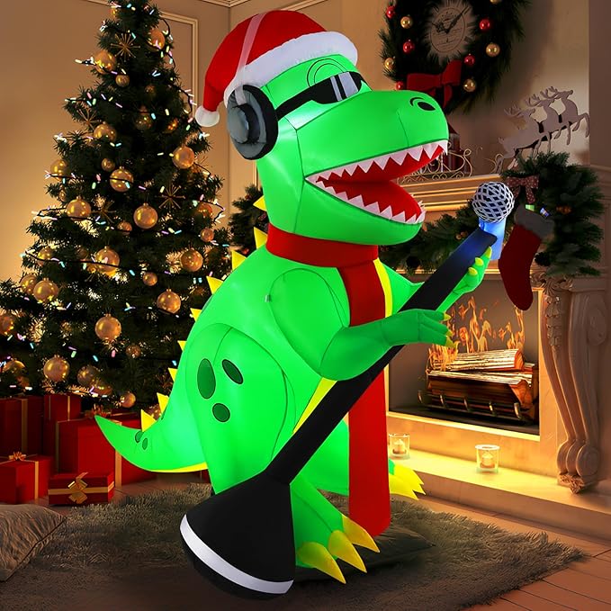 TCFUNDY 6.5FT Christmas Inflatable Dinosaur Singing Outdoor Patio Decoration, Giant Dinosaur with Built-in Bright LED Lights for Christmas Holiday Garden Lawn Decoration
