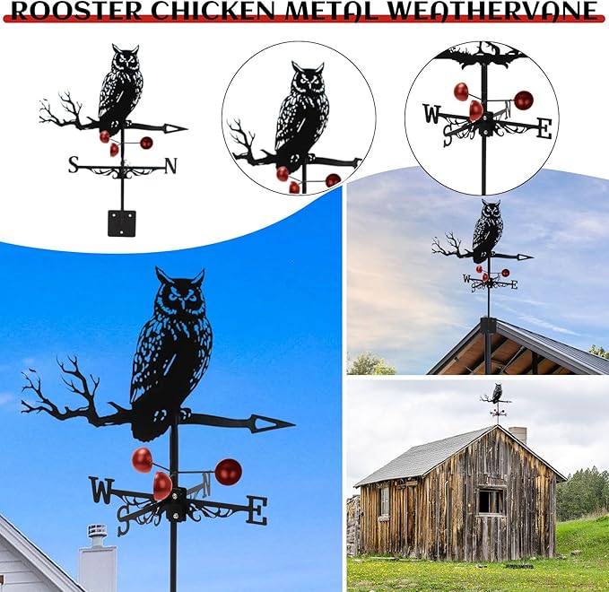 Weathervane Roof Mount, Rust-Resistant & Durable Metal Wind Direction Indicators, Decor Weather Vane for Yard, Outside, Garden, Shed, Farmhouse & Chicken Coop (Owl)
