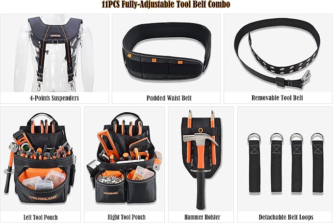 WELKINLAND 39Pockets Tool Belts for Men with Suspenders, 4" Padded Toolbelt, Tool Belt with Suspenders, Black W/Orange, One Size (38"-48")
