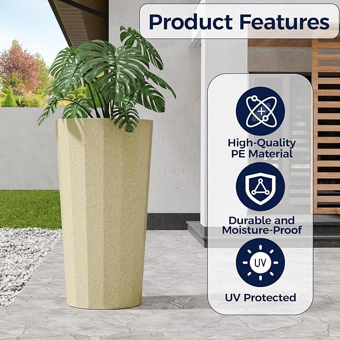 23.6" Tall Planters for Outdoor Plants, Large Outdoor Planters for Porch Decor with Drainage Hole, Wide Stripe Design Flower Pots Fits Indoor Plants Patio/Garden, Plastic Off White (2 Pack)