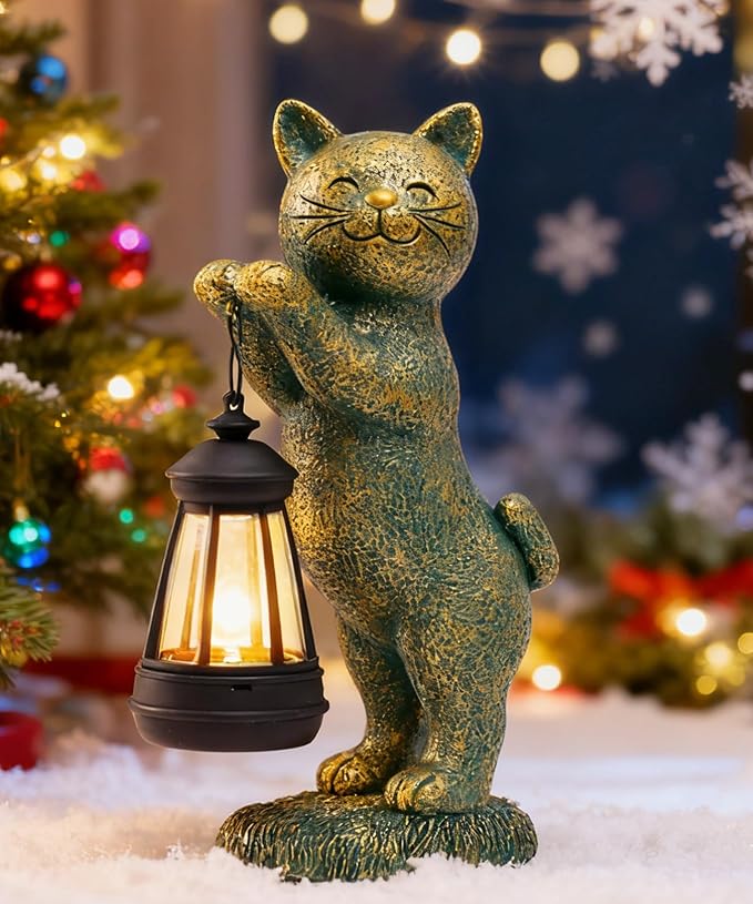 Nacome Christmas Cat Outdoor Statues for Garden: Outside Decor with Lantern Clearance for Yard Art Lawn Ornaments Porch Patio Balcony - Birthday Gifts for Grandma Mom Women