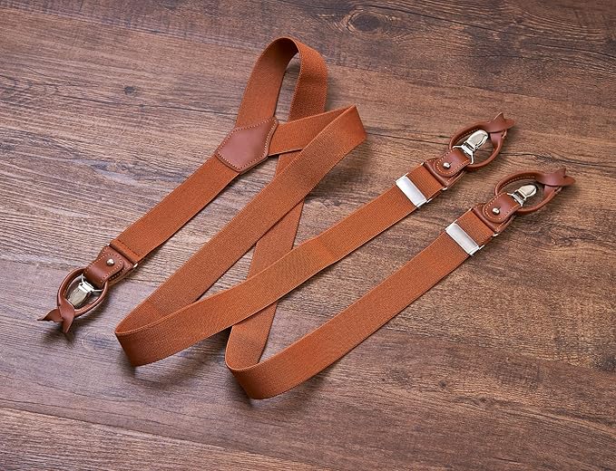 UPSONG Mens Suspenders，Brown Leather Button Tab and Clip Braces Heavy Duty Suspender Wedding Suspenders for Groom Groomsmen