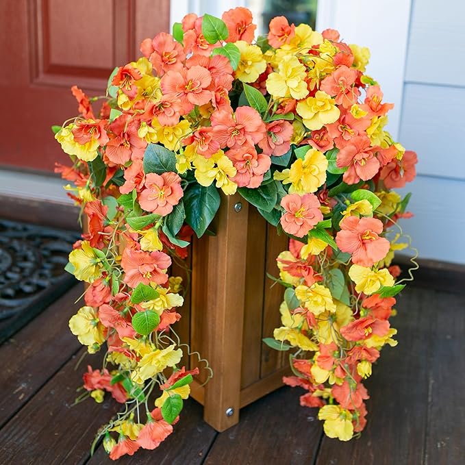 Artificial Hibiscus Fake Hanging Flowers Plants for Outdoors Fall Autumn Decoration, 4pcs Silk Hibiscus Trailing Vines UV Resistant Realistic Faux Flowers for Outside Front Door Porch Yard Indoor, Mix