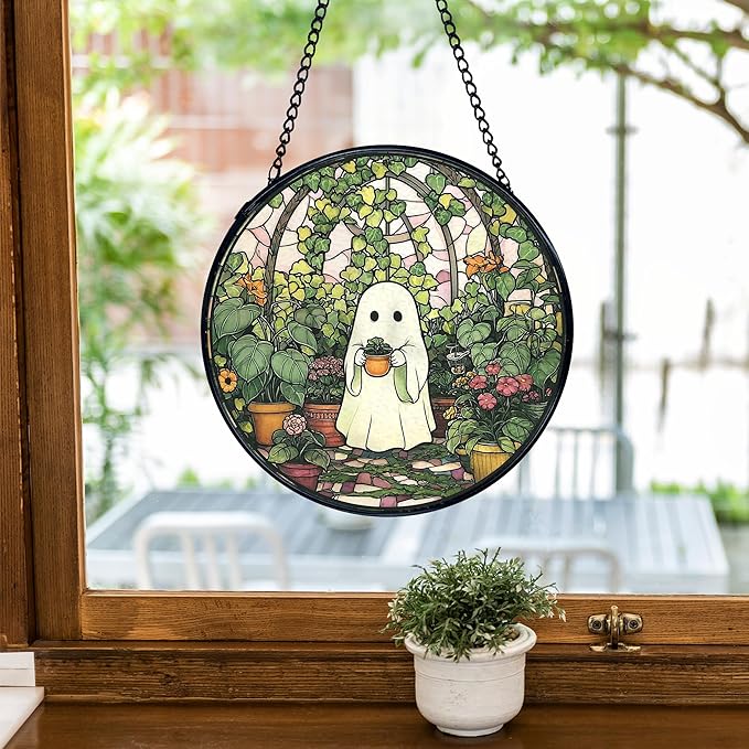TNUW Halloween Ghost Stained Glass Window Hanging, Halloween Ghost Plant Sun Catchers Indoor Window Glass Round Wall Art Decor, Plant Lover Gifts for Women Wall Hanging Decorations, 7.9＂x7.9＂
