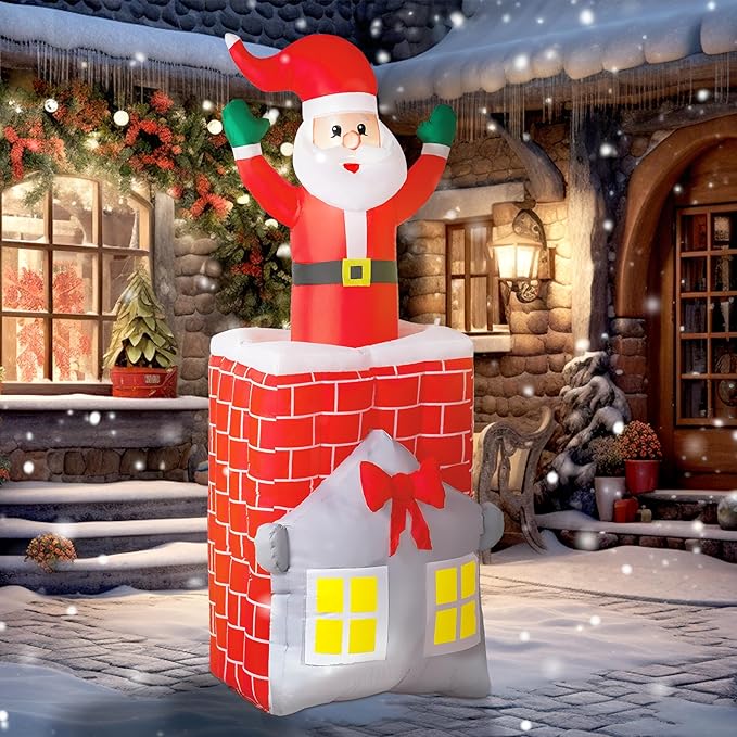 Outsunny 7FT Christmas Inflatable Santa in Chimney Up and Down, Outdoor Blow Up Santa Claus Christmas Decoration with Built-in LED Lights, Easy to Inflate for Indoor Party, Lawn, Garden, Holiday Decor