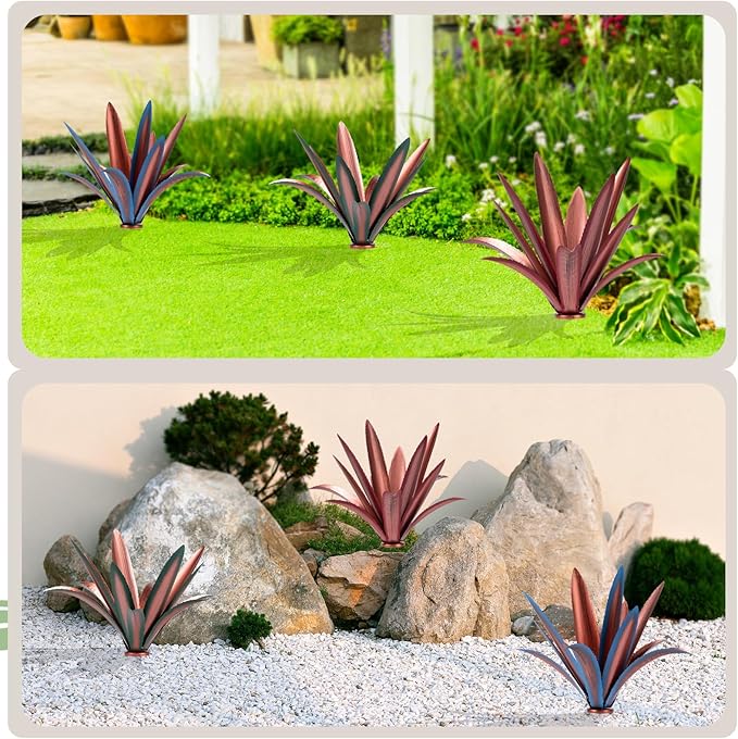 Large Tequila Rustic Sculpture, Rustic Metal Agave Plants for Outdoor Patio Yard Mexican Plant Garden， Agave Outdoor Lawn Ornaments Yard Stakes (Red 2pc)