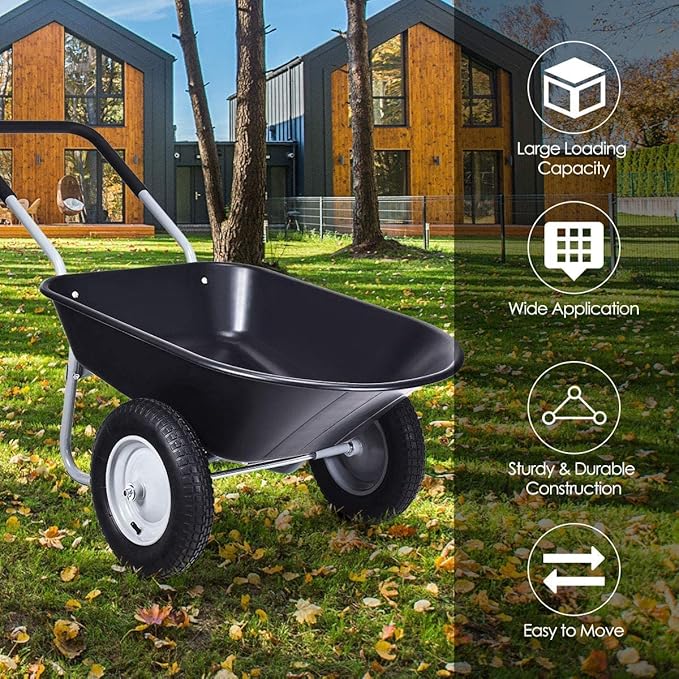S AFSTAR 2 Wheels Wheelbarrow, Heavy Duty Garden Cart w/Two 13-inch Pneumatic Tires, 330 lbs Capacity, Utility Cart for Outdoor Lawn Yard Farm Ranch (Black)