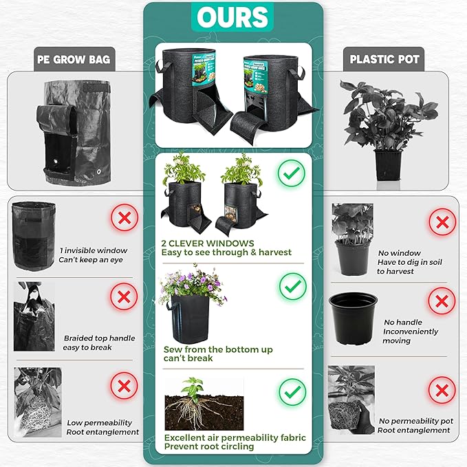 [Upgraded] 4PCS 20-Gallon Potato Grow Bags with Unique Harvest Window, Visible Window, Garden Planting Bag with Reinforced Handle, Nonwoven Fabric Pots for Tomato, Potato Growing Container - Black