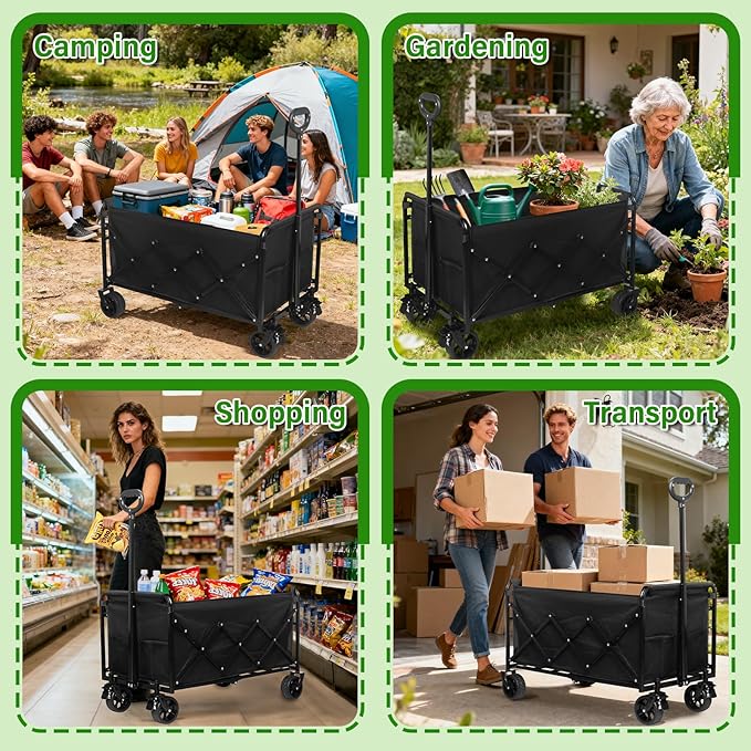 Wagon Cart Foldable,500Lbs Collapsible Wagon Cart with Wheels Portable, All Terrain Outdoor Utility Carts for Groceries, Camping, Sports, Garden, Shopping, Black