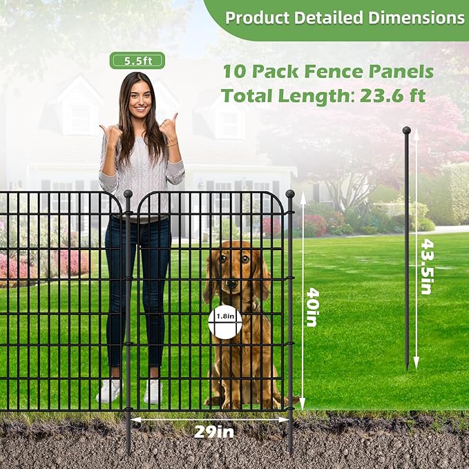 Decorative Garden Fence, 10 Panels 40 in(H) X 23.6 ft(L) Rustproof Metal Wire No Dig Dog Fence Outdoor for Yard, Temporary Tall Garden Fence Animal Barrier Decor for Yard & Patio