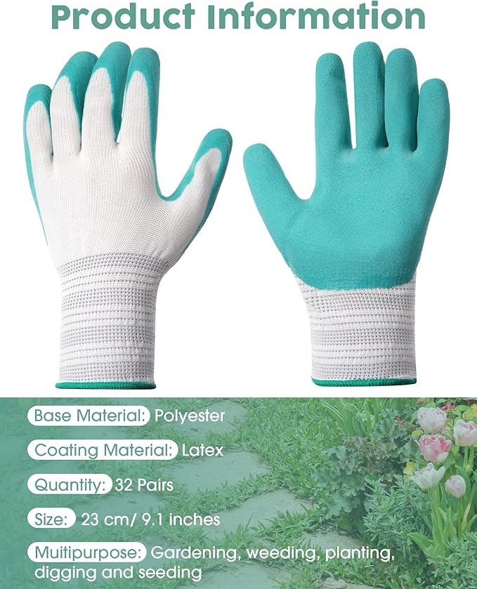 32 Pairs Gardening Work Gloves Bulk for Women and Ladies, Breathable Rubber Coated Garden Outdoor Safety Gloves with Grip