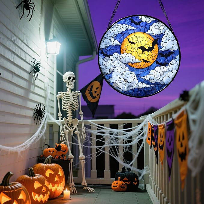 Stained Glass Window Hanging - Halloween Decorations Bats Moon Clouds Suncatcher for Doors Garden Indoor Spooky Funny Sun Catchers Gothic Decor Horror Gifts for Women Men Friend 7.8 in