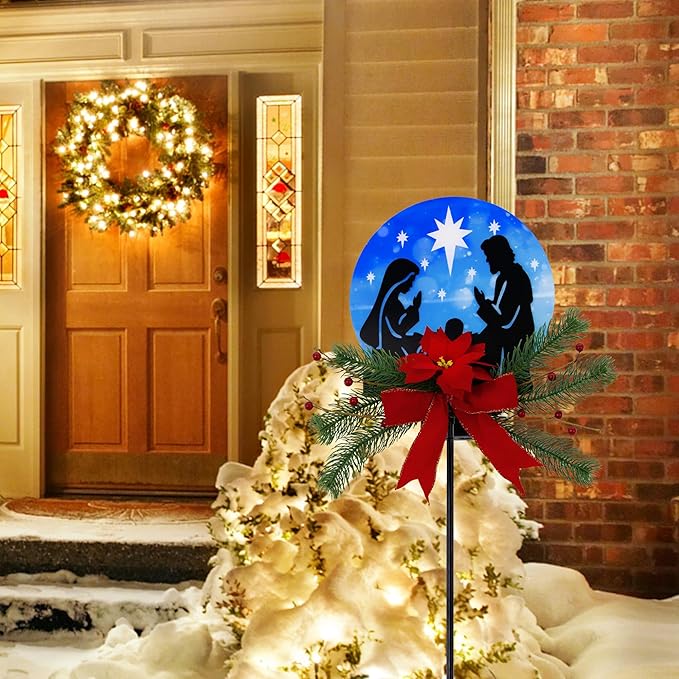 Nativity Scene Christmas Decorations Outdoor, 36" Jesus Solar Christmas Decor Metal Yard Stake, Outdoor Garden Decor Blue Stained Glass with Decorative Floral Christmas Decoration Gifts