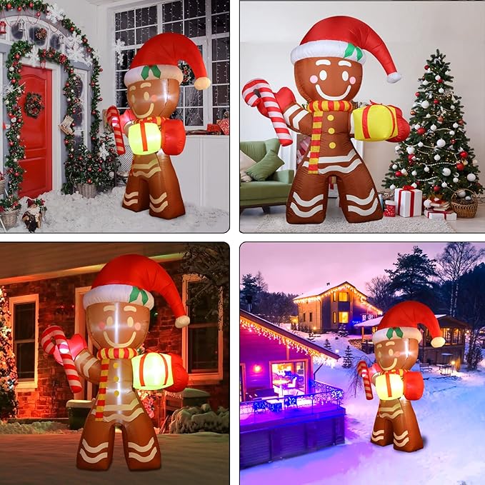 8FT Inflatable Gingerbread Man Outdoor Christmas Decoration,Built-in LED Lights Blow Up for Yard, Gardern, Lawn, Indoor Xmas Holiday