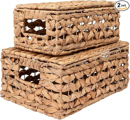 Set of 2 Decorative Storage Boxes with Lids, Wicker, Decorative for Home Decor, Seagrass