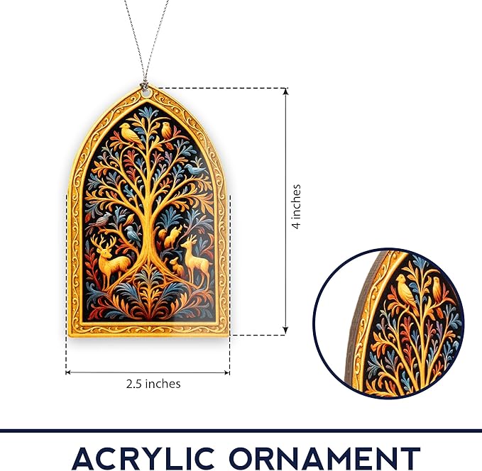 Tree of Life Ornament – Woodland Animals – Nature Forest Decor – Spiritual Symbol Gift – Holiday Card – Christmas Tree Ornament – Suncatcher Effect Stained Glass Window Hanging – Car Hanging