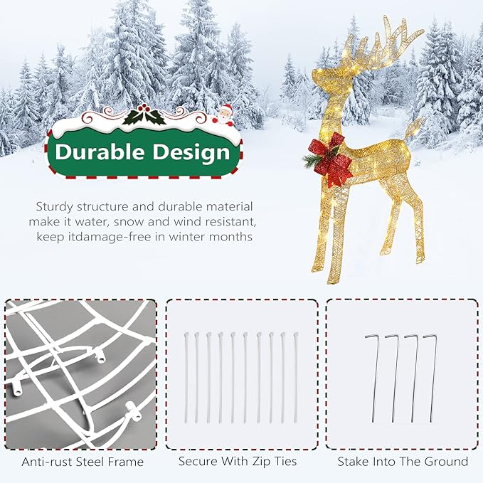 VINGLI Lighted Christmas Reindeer Outdoor Decorations, 4 FT Gold Reindeer with Santa’s Sleigh, Pre-lit 90 LED Lights, Weatherproof Christmas Yard Lawn Porch Decor with Stakes & Zip Ties