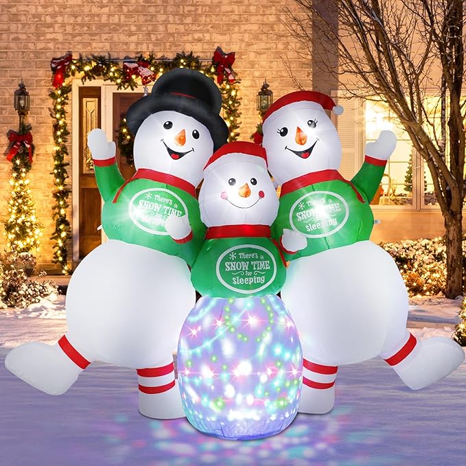 6.5FT Christmas Inflatable Snowman Decorations - Blow Up Christmas Outdoor Snowman Family with Rotating Colorful LED Light & Top Hat, Xmas Inflatable Decor for Yard Lawn Garden Holiday Party