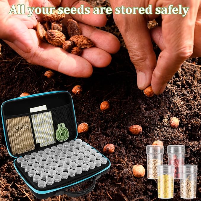 60 Slots Seed Storage Organizer Box with 7 Envelopes, 63 x Label Stickers Garden Seed Organizer with Zipper Bag Storage Container for Vegetable Flower Plants Garden (Blue)