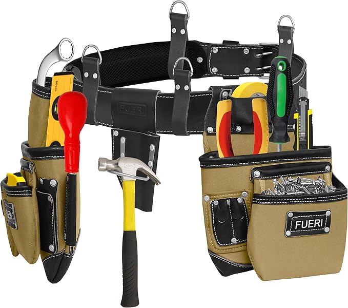 FUERI Tool Belt Leather Nylon Heavy Duty 19 Pocket Bag Pouch for Men Carpenter Electrician Bags Pouches Holder Organizer Foam Padded Belts Suspender Loops Set