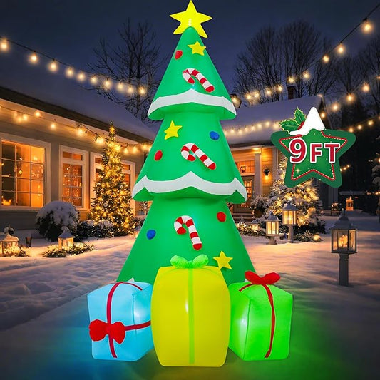 9FT Christmas Inflatables Tree Outdoor Decoration, Indoor Gift Boxes Lighted Party Decoration, Blow Up Decor with Built-in LED Lights Suitable for Lawn/Yard/Garden/Porch