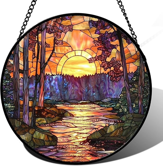 Stained Glass Window Hanging, Orange Landscape Green Purple Lake Forest Suncatcher for Doors Window Home Sun Catchers Decor Mother's Day Birthday Gifts for Women Men Mom 9.8 in