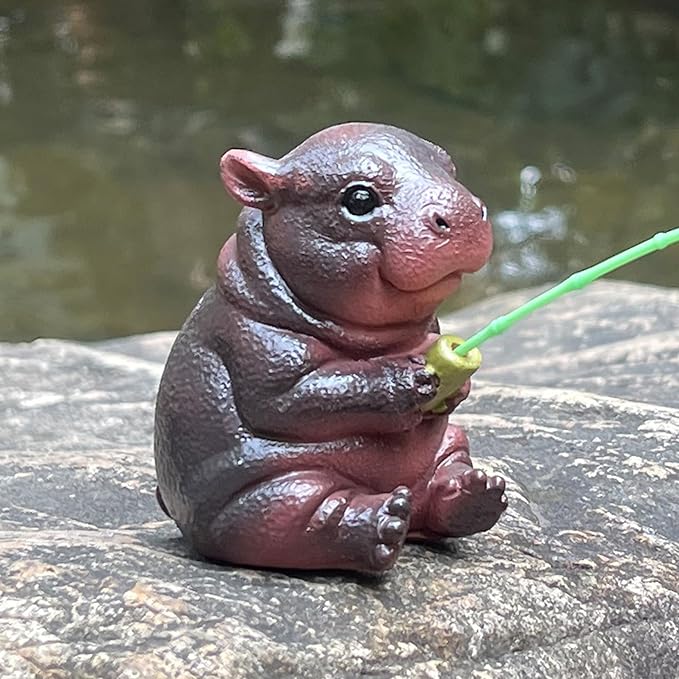 Hippopotamus Statue Garden Decor for Outside 2.4in,Interesting Hippopotamus Fishing Statue,Suitable for Easter, Indoor and Outdoor Decoration
