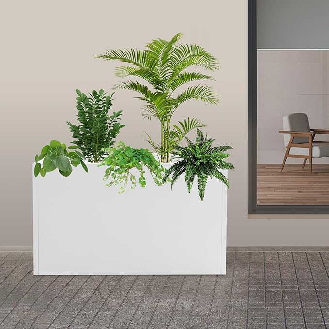 Metallic Heavy Planter Box, Large Metal Planter with Removable Insert Shelf for Outdoor/Indoor, Tall Trees, Plants, Flowers, Easy Assembly (White, 38 * 12 * 24inch)