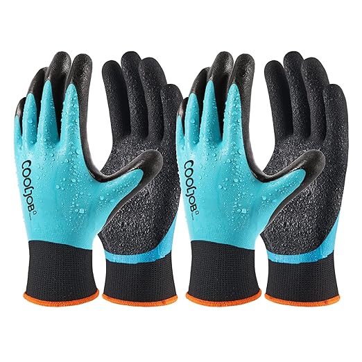 COOLJOB Waterproof Gardening Work Gloves with grip for Women & Men, Double Rubber Coated for Garden Yard Outdoor Construction Worker, Blue X-Large Size 2 Pairs