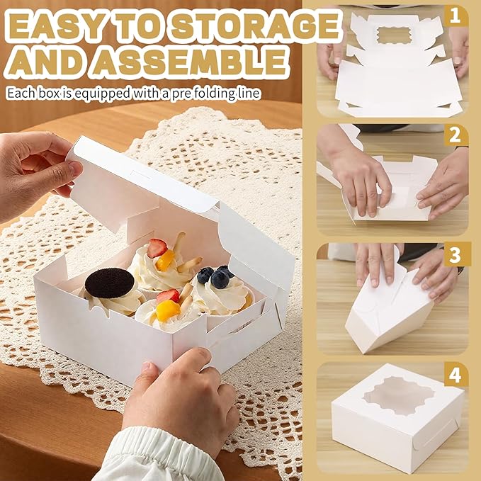 30pcs Cookie Boxes with Window, 6x6x3 Inches White Bakery Boxes, 36 Pcs Stickers,for Small Cookies, Treats, Candy, Desserts, Chocolate Covered Strawberries,Mini Cake Boxes
