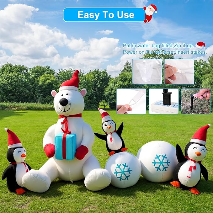 8FT Giant Inflatable Christmas Decorations Cute Polar Bear Penguin Combo，Holiday Decor with LED Lights, Ideal for Outdoor and Indoor Decor for Lawn, Garden, terraces,Xmas Holiday Party New Year