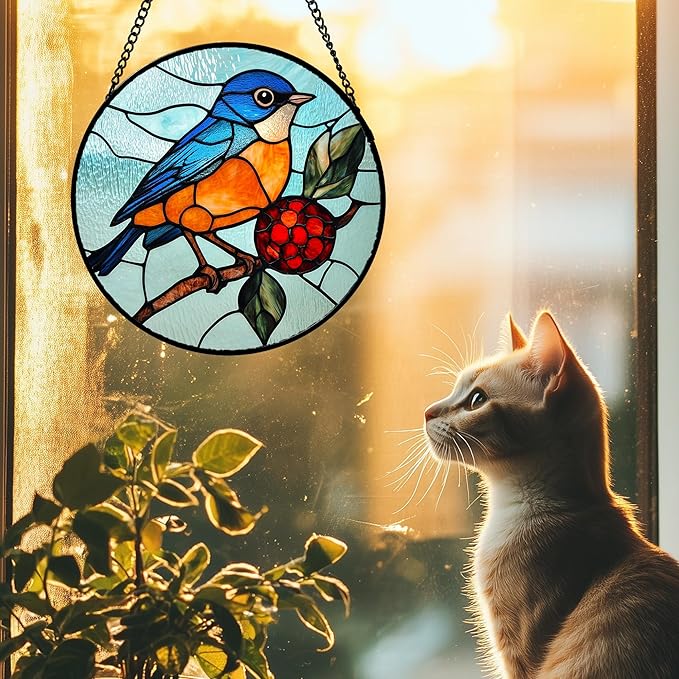Stained Glass Window Hanging 4 Pcs Set Cardinal Blue Birds Large 11.8" - Suncatcher Door Garden Sun Catcher Decor Birthday Mother's Day for Bird Lovers Men Woman Nana Friend