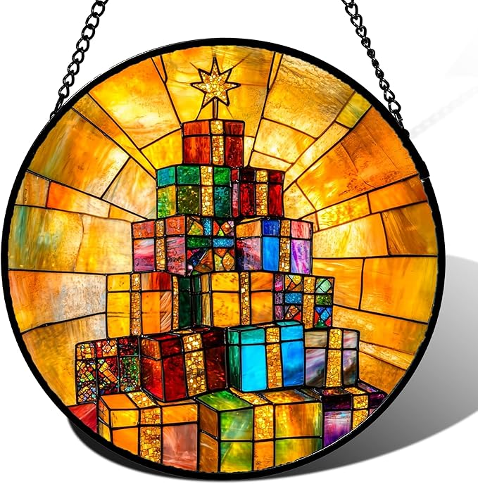 Stained Glass Window Hanging - Colorful Gift Box Tower Suncatcher for Doors Home Christmas Decoration Winter Sun Catcher Thanksgiving New Year Birthday Gift for Friend Women Men Mom Nana 7.8 in
