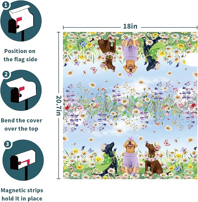 Spring Dog Mailbox Cover with Magnetic 21x18Inch Colorful Wildflower Butterfly Puppy Waterproof Mailbox Wrap Letter Post Cover Standard Size for Garden Yard Outdoor Season Outside Decor