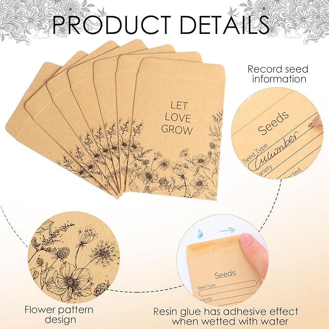 300 Pieces Seed Envelopes 3.15 x 2.36in Seed Packets Envelope with Preprinted Small Envelope Collecting Template for Flower Vegetable Seeds Storage