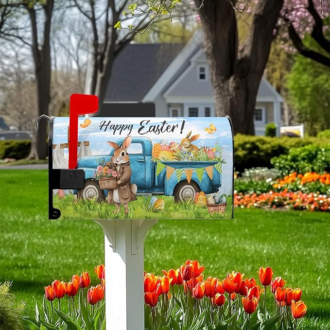 Happy Easter Mailbox Covers Magnetic Standard Size 21x18 in Spring Rabbit Mailbox Wraps Waterproof Oxford for Outside Garden Holiday Decorations Easter Eggs Truck
