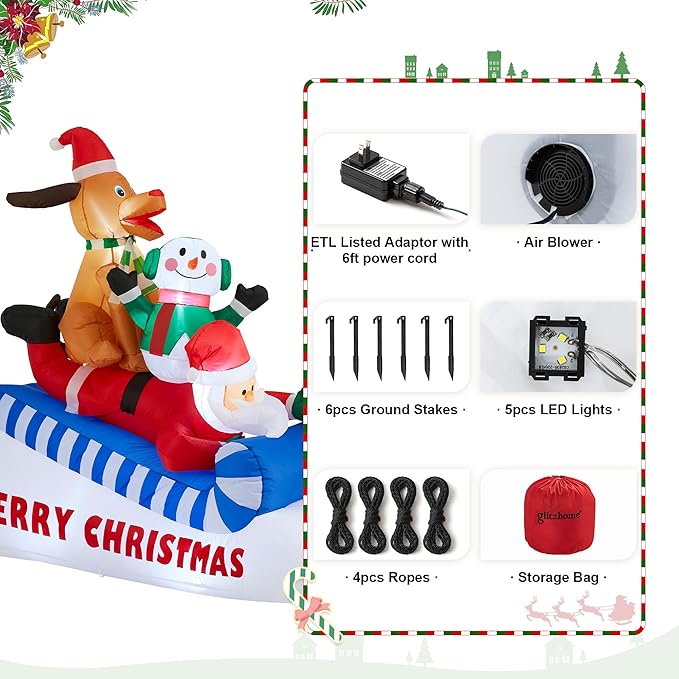 Glitzhome 6FT Inflatable Skiing Santa with Snowman and Dog, LED Christmas Yard Decoration, Animated Outdoor Indoor Xmas Decor with Merry Christmas Sign