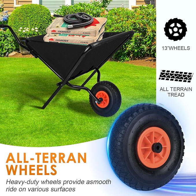 Collapsible Wheelbarrow, Foldable Yard Cart - Easy Loading & Dumping Garden Cart with Thickened Oxford Cloth for Nutrient Soil, Grass, Leaves & Garden Supplies