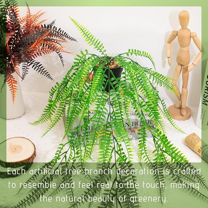Small Artificial Hanging Plant for Shelf Fake Plant Potted Boston Ferns Faux Trailing Leaves Plant for Indoor Outdoor Aesthetic Office Living Room Shelf Decor (Black Pot)