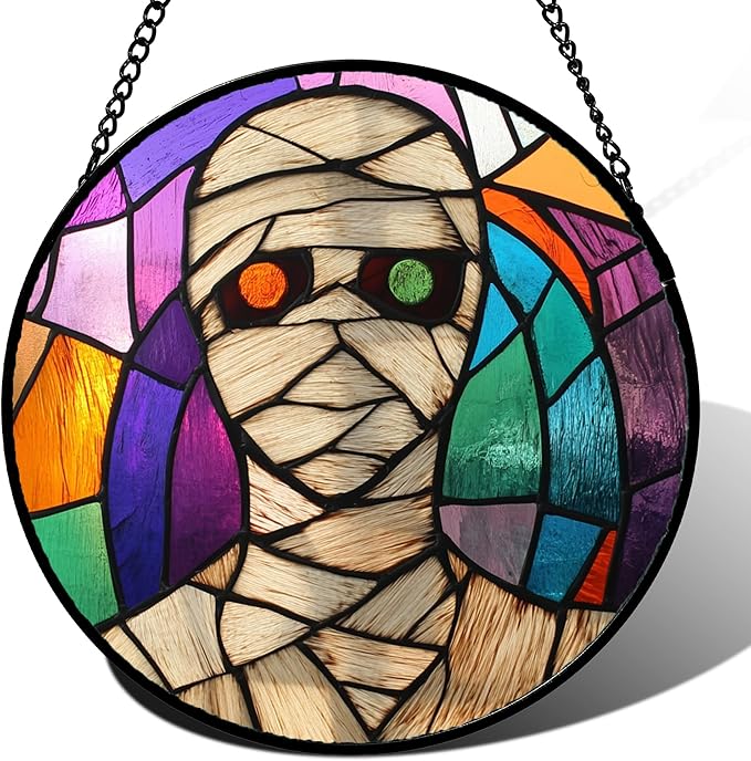Stained Glass Window Hanging Halloween Abstract Colorful Mummy 9.8" - Suncatcher Door Garden Sun Catcher Gothic Decor Birthday Horror Funny Gift for Mom Woman Nana Friend Men