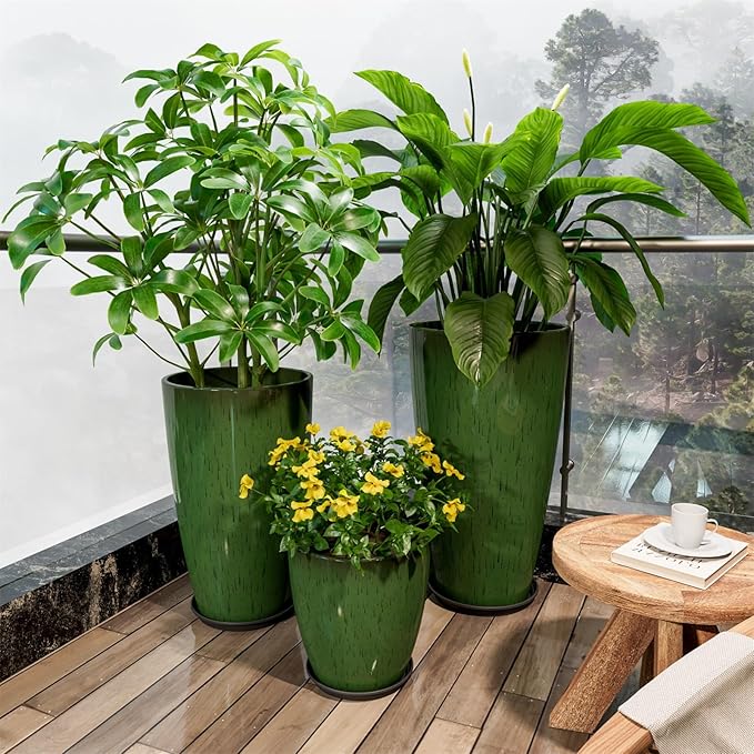 QCQHDU 24,21,11 inch Large Planters with Drainage Hole & Saucer, Set of 3 Plant Pots Tall Planter for Indoor & Outdoor Plants Home Modern Decor